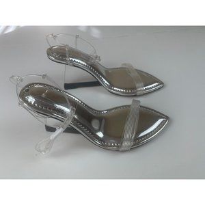 Good American GA080V-E Ankle Strap Wedge Sandal In Silver 001 Size 7.5